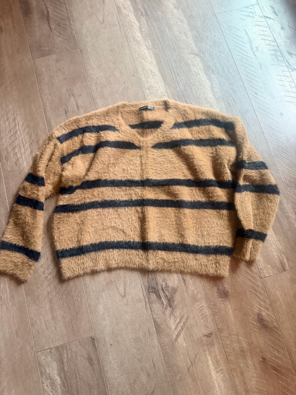 SHEIN Fuzzy Tan Sweater with Black Stripe
